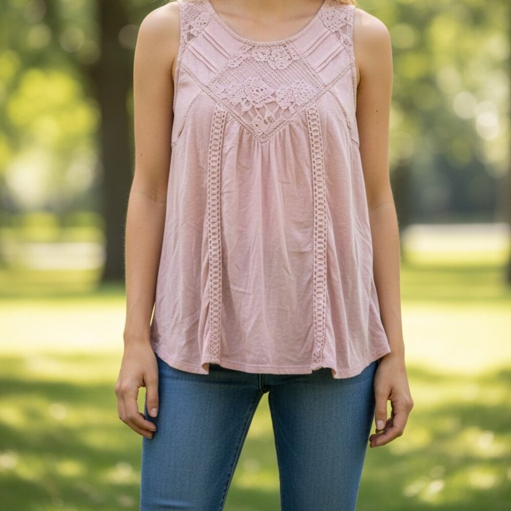 Knox Rose Boho Crochet Lace Tank Top Rose Pink Medium M Sleeveless Blouse